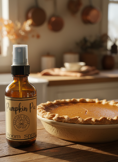 Bottle of 'Pumpkin Pie' room spray next to a pumpkin pie on a wooden table.