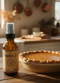 Bottle of 'Pumpkin Pie' room spray next to a pumpkin pie on a wooden table.